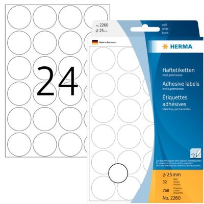 Markierungspunkte Ø 25 mm, weiß, 768 Etiketten, permanent haftend, für Handbeschriftung, Packung à 32 Blatt