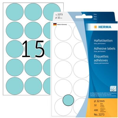 Markierungspunkte Ø 32 mm, blau, 480 Etiketten, permanent haftend, für Handbeschriftung, Packung à 32 Blatt