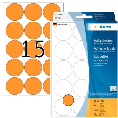 Markierungspunkte Ø 32 mm, leuchtorange, 360 Etiketten, permanent haftend, für Handbeschriftung, Packung à 24 Blatt