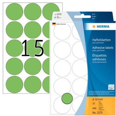 Markierungspunkte Ø 32 mm, grün, 480 Etiketten, permanent haftend, für Handbeschriftung, Packung à 32 Blatt