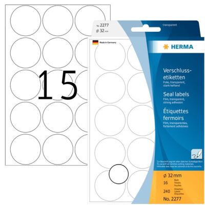 Verschlussetiketten Ø 32 mm, 240 Etiketten, transparente Folie, extrem stark haftend, 15 Stück/Blatt, Packung à 16 Blatt
