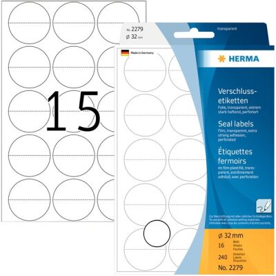 Verschlussetiketten Ø 32 mm, 240 Etiketten, mittig perforiert, transparente Folie, 15 Stück/Blatt, Packung à 16 Blatt