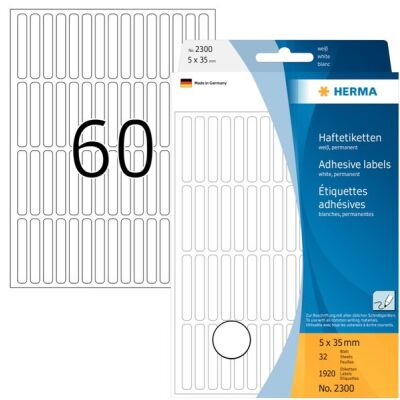 Vielzwecketiketten, 5 x 35 mm, 1.920 Etiketten, weiß, permanent haftend, für Handbeschriftung, Packung à 32 Blatt