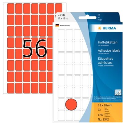 Vielzwecketiketten 12 x 18 mm, 1.792 Etiketten, rot, permanent haftend, für Handbeschriftung , Packung à 32 Blatt