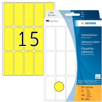 Vielzwecketiketten 20 x 50 mm, 480 Etiketten, gelb, permanent haftend, für Handbeschriftung, Packung à 32 Blatt