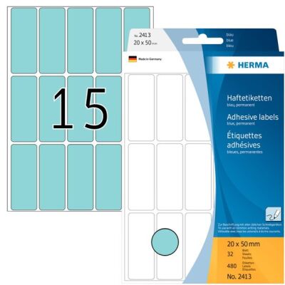Vielzwecketiketten 20 x 50 mm, 480 Etiketten, blau, permanent haftend, für Handbeschriftung , Packung à 32 Blatt