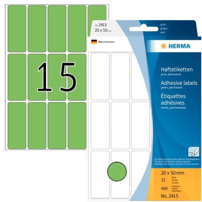 Vielzwecketiketten 20 x 50 mm, 480 Etiketten, grün, permanent haftend, für Handbeschriftung , Packung à 32 Blatt