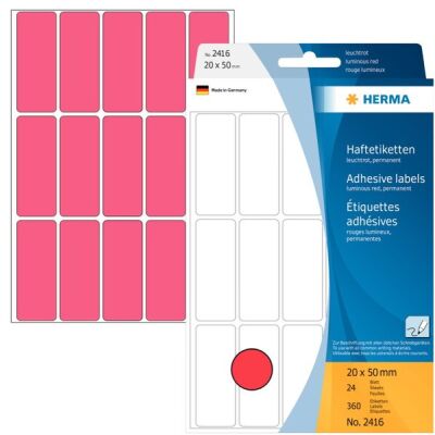 Vielzwecketiketten 20 x 50 mm, 360 Etiketten, leuchtrot, permanent haftend, für Handbeschriftung , Packung à 32 Blatt