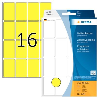 Vielzwecketiketten 25 x 40 mm, 512 Etiketten, gelb, permanent haftend, für Handbeschriftung , Packung à 32 Blatt