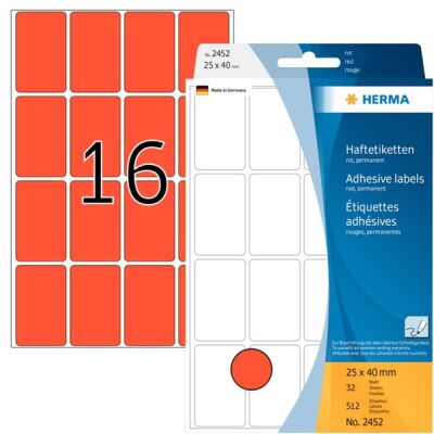Vielzwecketiketten 25 x 40 mm, 512 Etiketten, rot, permanent haftend, für Handbeschriftung , Packung à 32 Blatt