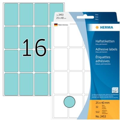 Vielzwecketiketten 25 x 40 mm, 512 Etiketten, blau, permanent haftend, für Handbeschriftung , Packung à 32 Blatt