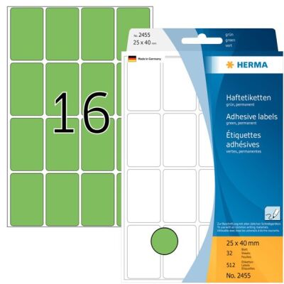 Vielzwecketiketten 25 x 40 mm, 512 Etiketten, grün, permanent haftend, für Handbeschriftung , Packung à 32 Blatt