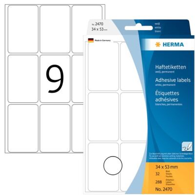 Vielzwecketiketten 34 x 53 mm, 288 Etiketten, weiß, permanent haftend, für Handbeschriftung, Packung à 32 Blatt