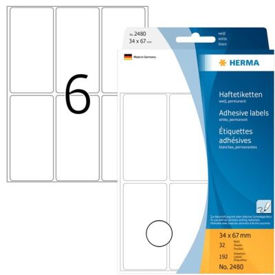 Vielzwecketiketten 34 x 67 mm, 192 Etiketten, weiß, permanent haftend, für Handbeschriftung, Packung à 32 Blatt