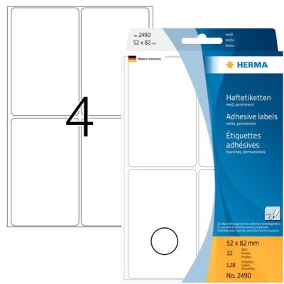 Vielzwecketiketten 52 x 82 mm, 128 Etiketten, weiß, permanent haftend, für Handbeschriftung, Packung à 32 Blatt