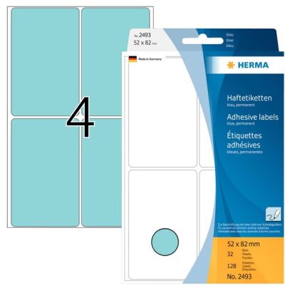 Vielzwecketiketten 52 x 82 mm, 128 Etiketten, blau, permanent haftend, für Handbeschriftung , Packung à 32 Blatt