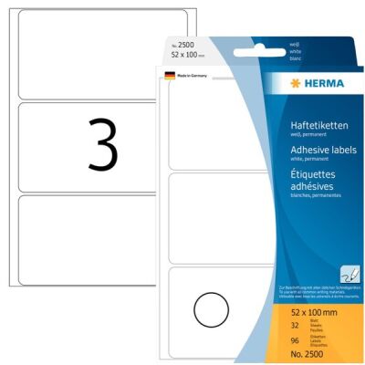 Vielzwecketiketten, 52 x 100 mm, 96 Etiketten, weiß, permanent haftend,für Handbeschriftung, Packung à 32 Blatt
