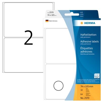 Vielzwecketiketten, 74 x 105 mm, 64 Etiketten, weiß, permanent haftend,für Handbeschriftung, Packung à 32 Blatt