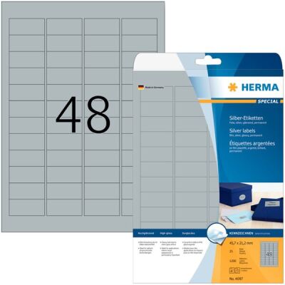 Silberfarbene Folien-Etiketten 45,7 x 21,2 mm, 1200 Etiketten, glänzend, wetterfest, Packung à 25 Blatt