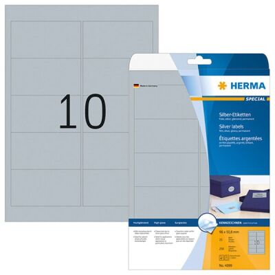 Silberfarbene Folien-Etiketten 96 x 50,8 mm, 250 Etiketten, glänzend, wetterfest, Packung à 25 Blatt