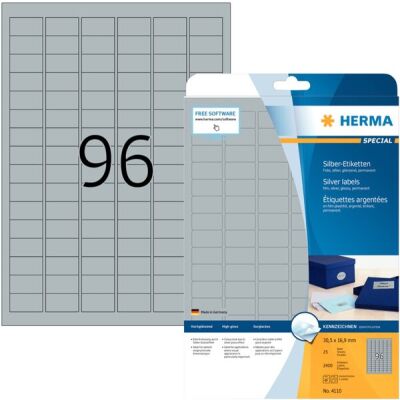 Silberfarbene Folien-Etiketten 30,5 x 16,9 mm, 2400 Etiketten, glänzend, wetterfest, Packung à 25 Blatt