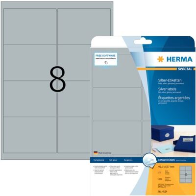 Silberfarbene Folien-Etiketten 99,1 x 67,7 mm, 200 Etiketten, glänzend, wetterfest, Packung à 25 Blatt