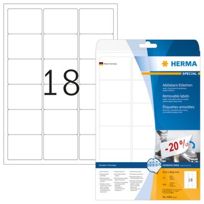 Ablösbare Etiketten 63,5 x 46,6 mm, 450 Etiketten, weiß, matt, haftend, Packung à 25 Blatt