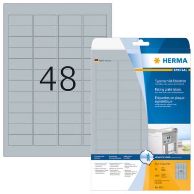 Typenschild-Etiketten 45,7 x 21,2 mm, 1.200 Etiketten, silber, extrem stark haftend, wetterfest, reißfest, Packung à 25 Blatt