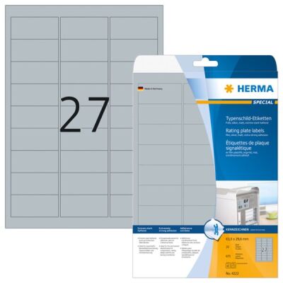 Typenschild-Etiketten 63,5 x 29,6 mm, 675 Etiketten, silber, extrem stark haftend, wetterfest, reißfest, Packung à 25 Blatt