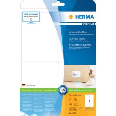 PREMIUM Adressetiketten 99,1 x 139 mm, 400 Etiketten, weiß, matt, permanent haftend, Blattformat: DIN A4, Packung à 100 Blatt