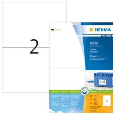 PREMIUM Etiketten 210 x 148 mm, 200 Etiketten , weiß, matt, permanent haftend, Blattformat: DIN A4, Packung à 100 Blatt