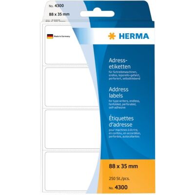 Adressetiketten für Schreibmaschinen 88x35 mm, 250 Etiketten, endlos leporello-gefalzt, weiß Papier matt