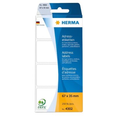 Adressetiketten für Schreibmaschinen 67x35 mm, 250 Etiketten, endlos leporello-gefalzt, weiß Papier matt