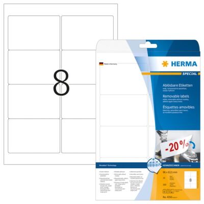 Ablösbare Etiketten 96 x 63,5 mm, 250 Etiketten, weiß, matt, haftend, Packung à 25 Blatt