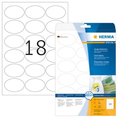 Ablösbare Etiketten 63,5 x 42,3 mm , 450 Etiketten, weiß, oval, wieder haftend, Packung à 25 Blatt