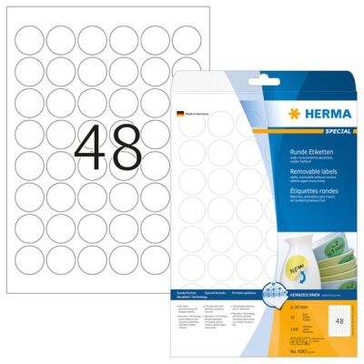 Ablösbare Etiketten Ø 30 mm, 900 Etiketten, weiß, rund, wieder haftend, Packung à 25 Blatt