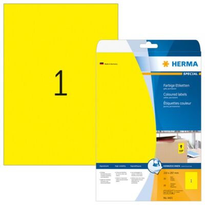 Farbige Etiketten 210 x 297 mm, 20 Etiketten, gelb, ablösbar, Packung à 20 Blatt