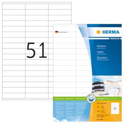 PREMIUM Etiketten 70 x 16,9 mm, 5.100 Etiketten, weiß, matt, permanent haftend, Blattformat: DIN A4, Packung à 100 Blatt