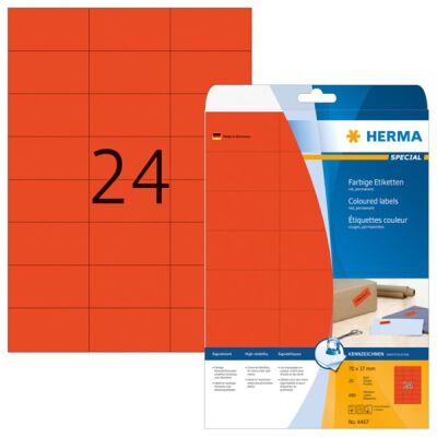 Farbige Etiketten 70 x 37 mm, 480 Etiketten, rot, ablösbar, Packung à 20 Blatt