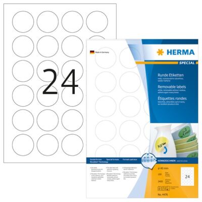 Ablösbare Etiketten Ø 40 mm, 900 Etiketten, weiß, rund, wieder haftend, Packung à 100 Blatt