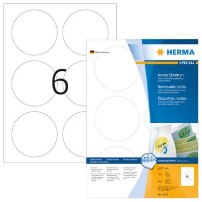 Ablösbare Etiketten Ø 85 mm, 600 Etiketten, weiß, rund, wieder haftend, Packung à 100 Blatt