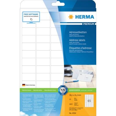 PREMIUM Adressetiketten 38,1 x 21,2 mm, 1.625 Etiketten, weiß, matt, permanent haftend, Blattformat: DIN A4, Packung à 25 Blatt