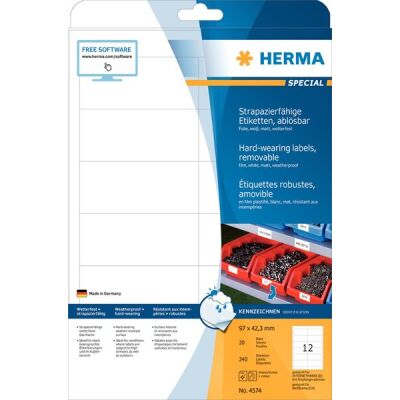 Folien-Etiketten 97,0 x 42,3 mm, 240 Etiketten, weiß, matt, wetterfest, extrem stark haftend, wiederablösbar, Blattformat: DIN A4, Packung à 20 Blatt