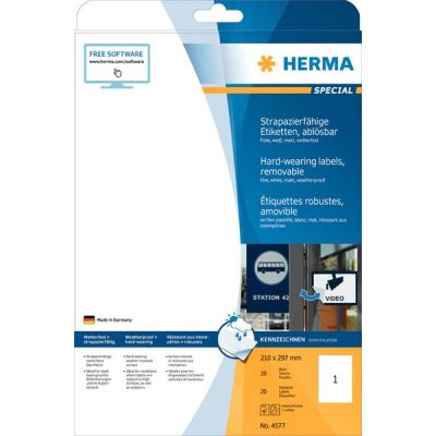 Folien-Etiketten, 210 x 297 mm, weiß, matt, wetterfest, extrem stark haftend, ablösbar, 1 Packung = 20 Blatt = 20 Stück