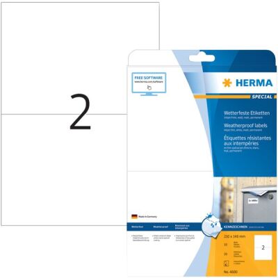 Etiketten A4, 210,0 x 148,0 mm, weiß, permanent haftend, wetterfest, umlaufender Rand, 1 Packung = 10 Blatt = 20 Stück