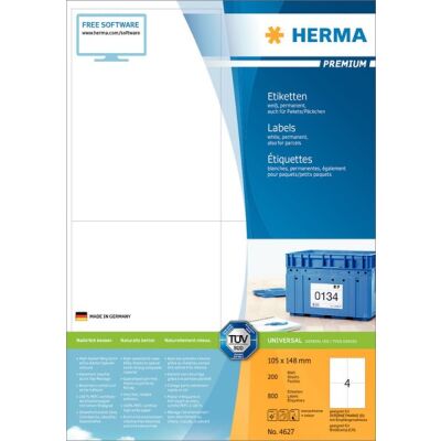 PREMIUM Etiketten 105 x 148 mm, 800 Etiketten , weiß, matt, permanent haftend, Blattformat: DIN A4, Packung à 200 Blatt