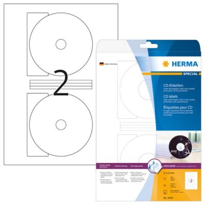 Inkjet-CD-Etiketten Ø 116 mm, (Innenloch klein), 50 Etiketten, aus Papier (90 g/m² ), weiß, matt, permanent haftend, Packung à 25 Blatt