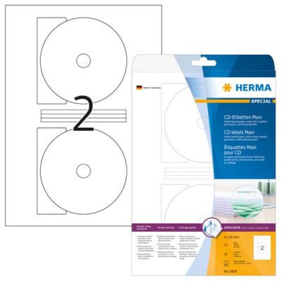 Inkjet-CD-Etiketten Maxi Ø 116 mm, (Innenloch groß), 50 Etiketten, aus Papier (90 g/m²), weiß, matt, permanent haftend, Packung à 25 Blatt