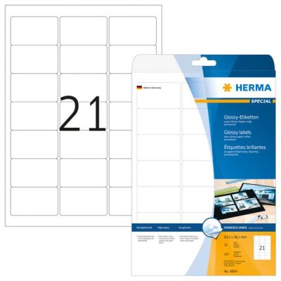 Hochglanz-Etiketten 63,5 x 38,1 mm, 525 Etiketten, weiß, permanent haftend, 21 Stück/Blatt, Packung à 25 Blatt