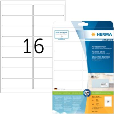 PREMIUM Etiketten 99,1 x 33,8 mm, 400 Etiketten , weiß, matt, permanent haftend, Blattformat: DIN A4, Packung à 25 Blatt